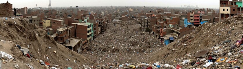 Fototapeta premium A panoramic view of an urban area overwhelmed by garbage, showcasing the stark contrast between buildings and extensive waste accumulation.