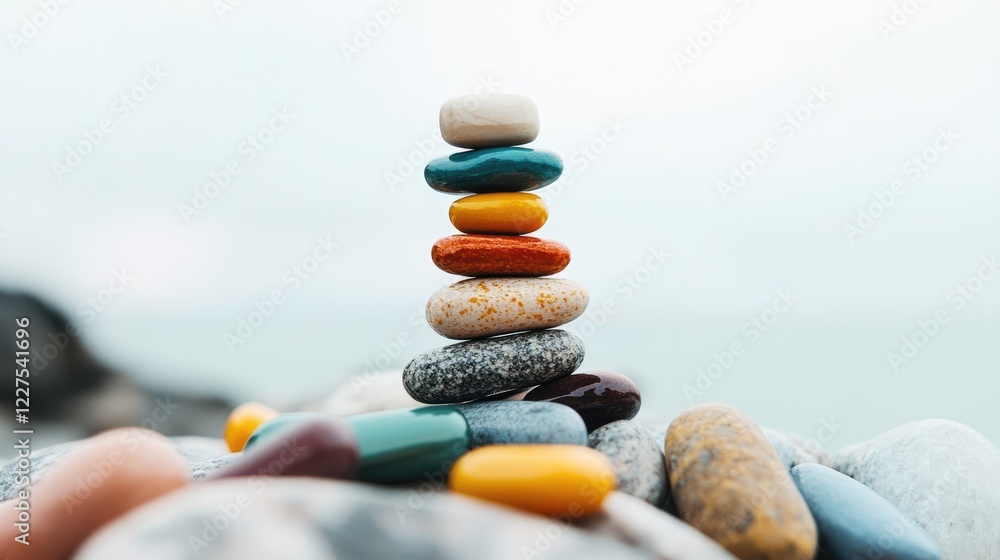 Poster close-up shot of assorted pebbles stacked in perfect balance, symbolizing harmony and simplicity, di