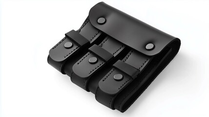Ultra-realistic image of a black leather cable organizer with snap closures, isolated on a white background

