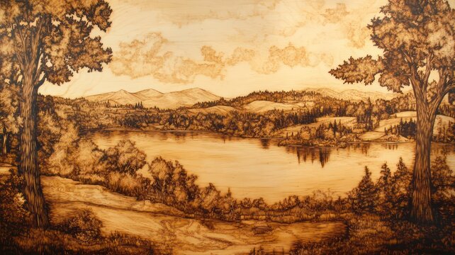 Landscape pyrography created with Generative AI