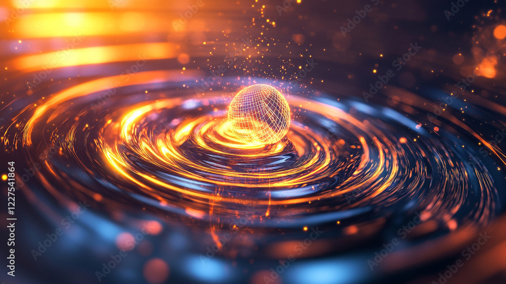 Poster a glowing orb creating ripples in a vibrant liquid surface, illuminated by swirling light patterns