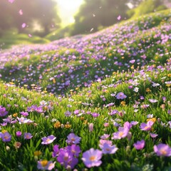 Obraz premium Purple flower petals on a soft, grassy hillside or slope with wildflowers, nature landscape, purple flower petals