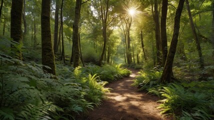 Obraz premium A serene forest path winding through tall trees and lush undergrowth, dappled sunlight filtering through the leaves above. 