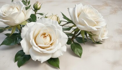 Obraz premium Pretty white roses painted with watercolors on a white canvas, stroke, leaf, craft