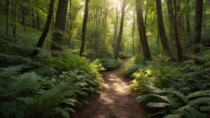 Obraz premium A serene forest path winding through tall trees and lush undergrowth, dappled sunlight filtering through the leaves above. 
