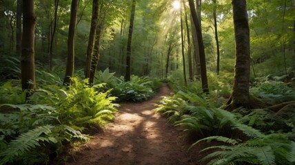 Fototapeta premium A serene forest path winding through tall trees and lush undergrowth, dappled sunlight filtering through the leaves above. 