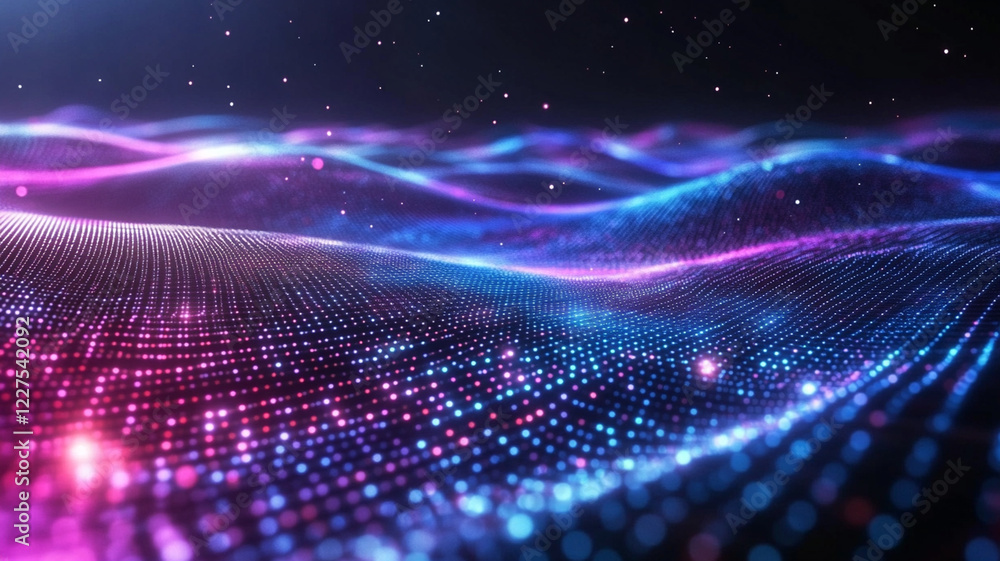 Poster vibrant abstract waves of light and color undulating in a digital landscape with twinkling particles
