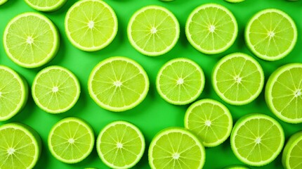 fresh green limes on green background flat lay overhead view