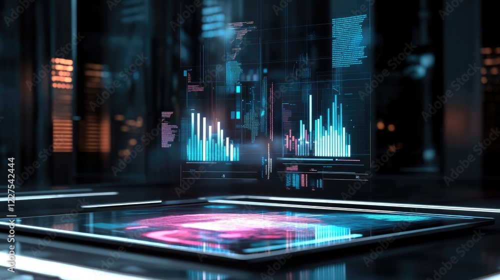 Poster Holographic charts and graphs hover above a tablet screen, representing cutting-edge data analysis and advanced technology in a futuristic business environment
