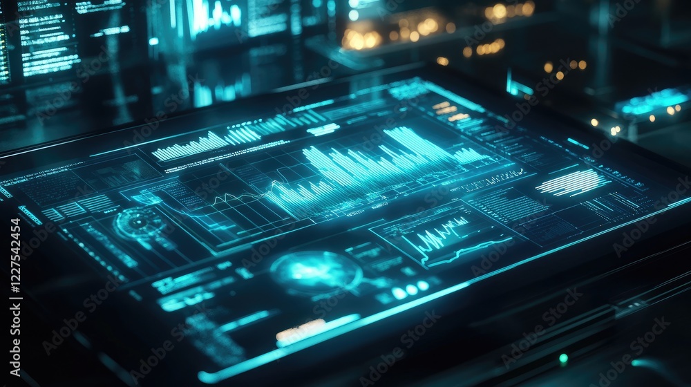 Poster Holographic charts and graphs hover above a tablet screen, representing cutting-edge data analysis and advanced technology in a futuristic business environment