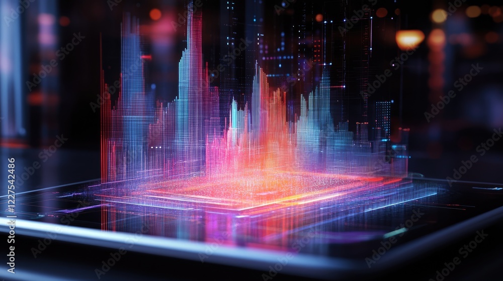 Poster Holographic data visuals like charts and graphs hover above a tablet, representing modern and futuristic data analysis in a high-tech digital workspace