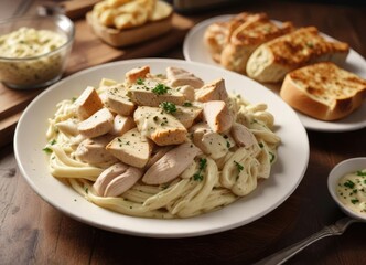 Plate of steaming hot chicken Alfredo with garlic bread on the side, steaming hot, hot pasta
