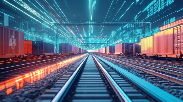 High-tech rail system, global freight transportation, 3D illustration. 