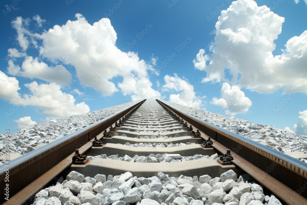 Poster a perspective view of railway tracks stretching towards a bright sky with fluffy clouds, creating a 