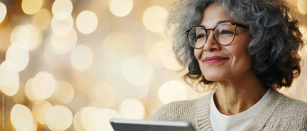 Poster woman using tablet with joyful expression, enjoying digital content, surrounded by warm bokeh lights