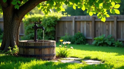 Fototapeta premium Serene garden oasis featuring a rustic wooden water trough with an antique-style water pump, under a shade tree, near a wooden fence, surrounded by vibrant green grass and delicate wildflowers.