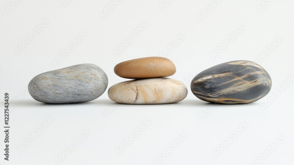 Poster side view of smooth, assorted pebbles carefully stacked in perfect balance on a clean white backgrou