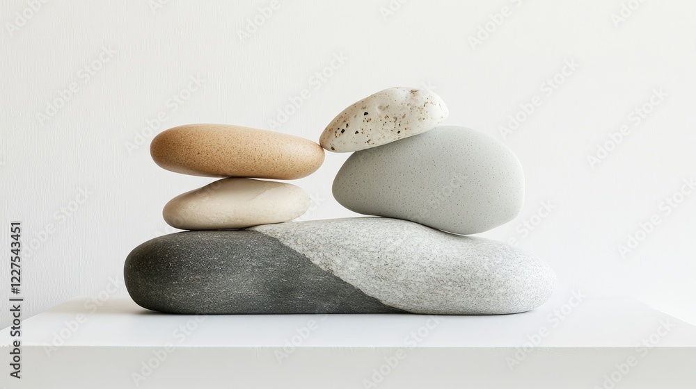 Poster side view of smooth, assorted pebbles carefully stacked in perfect balance on a clean white backgrou