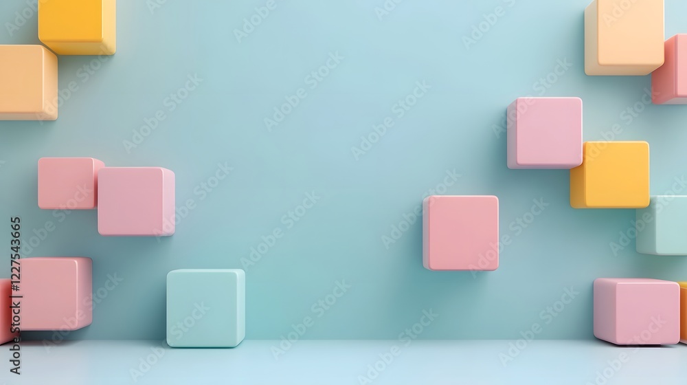 Poster organized business asset management system with floating geometric blocks