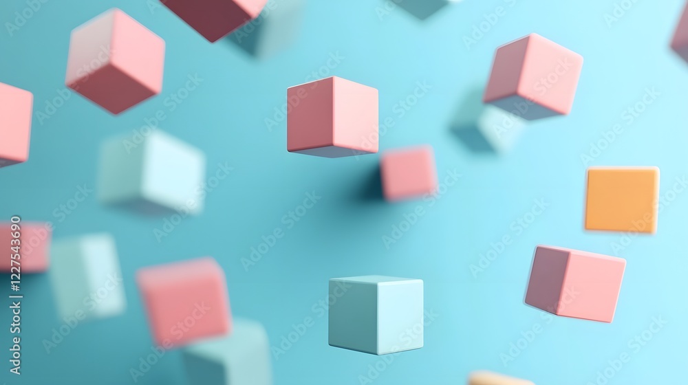 Poster organized business asset management system with floating geometric blocks in modern 3d