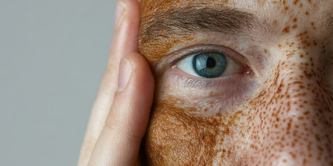 Close-up of Freckled Face and Blue-Gray Eye