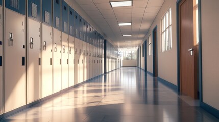 Empty School Hallway Filled with Sunlight