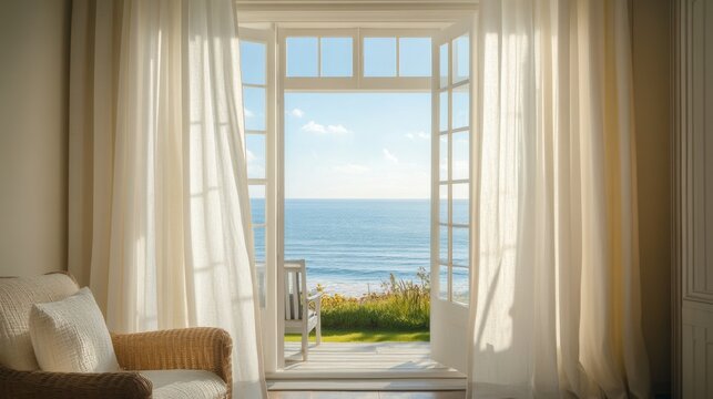Fototapeta Coastal Home with Stunning Ocean Views. Peaceful and Tranquil Interior Design. Perfect for Relaxation.