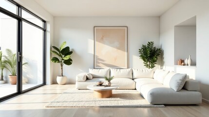 Serene Minimalist Living Room Design Featuring a Sectional Sofa, Natural Light, and Lush Greenery