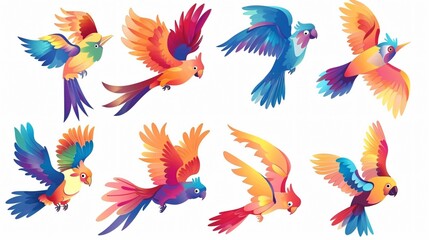 Cartoon Exotic Sky Character with Beautiful Flying Bird Set