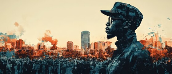 Obraz premium A Stylized Portrait Of A Man, Possibly A Musician, Contemplating A City Scene. The Art Style Blends Realism And Abstraction, Creating A Mood Of Contemplation And Urbanity.