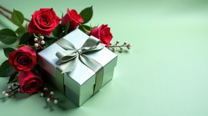 A Silver Gift Box Adorned with a Pale Green Ribbon, Nestled Among a Bouquet of Deep Red Roses on a Soft Green Background