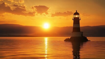The silhouette of a lighthouse stands tall against the glowing orange sunset over Lake Neusiedl, casting a serene light across the peaceful waters