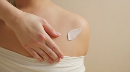 A close-up image of a hand applying cream to the skin, showcasing the smooth texture of the cream and the gentle motion of the application. 