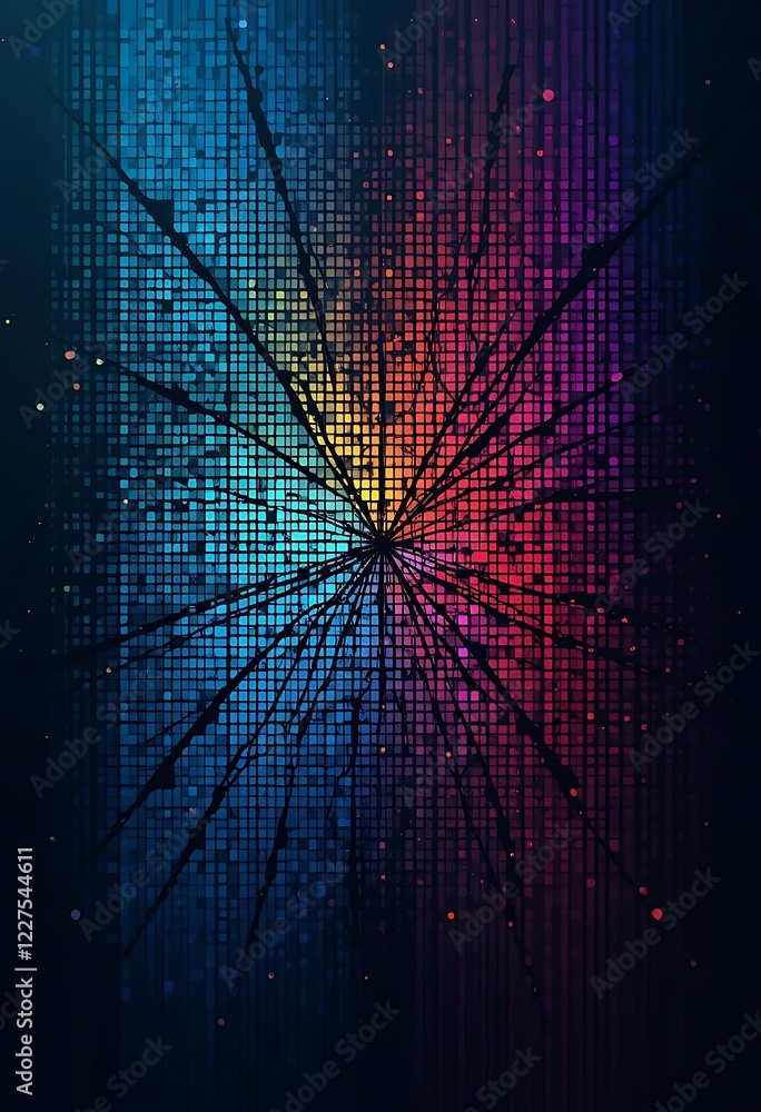 Poster abstract colorful grid pattern with radial cracks