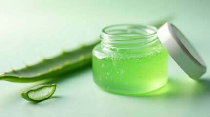 A close-up image of a jar of aloe vera gel, showcasing its clear, viscous texture and vibrant green color. 