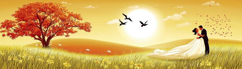 Autumn wedding, couple embracing, field, sunset. Romantic card design