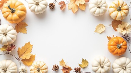 white pumpkins thanksgiving concept flat lay top view copy space