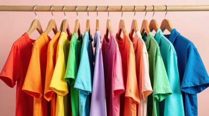 Fototapeta premium A Vibrant Collection of Colorful T-Shirts Hanging on Wooden Hangers, Displaying a Spectrum of Hues, Ready for Selection
