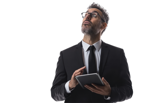 Isolated Businessman Looking Up with Tablet