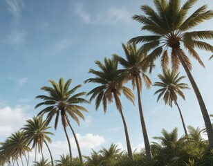 Palm trees swaying in the breeze against a clear sky backdrop, sandy, summer, travel
