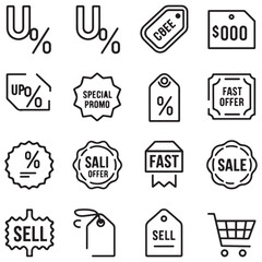 Obraz premium Discount thin line icon vector set. Containing up and down percentage, label, price tag, coupon, special promo, promotion, fast offer, sale product, sell, sticker, badge, 