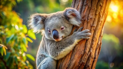 Fototapeta premium Adorable Koala Bear Napping on Eucalyptus Tree - Peaceful Wildlife Stock Photo