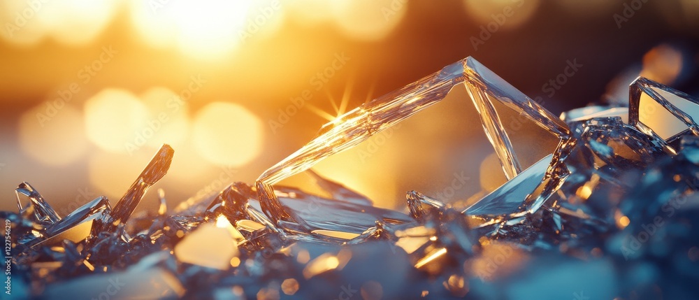 Poster sunlight reflecting on shattered glass shards, creating sparkling visuals with a soft bokeh backgrou