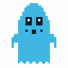 Retro Pixel Art Blue Ghost Character for Halloween and Gaming Themes
