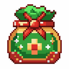 Fototapeta premium Pixelated Christmas Gift Bag Icon with Red Bow and Gold Cross for Retro Holiday Games