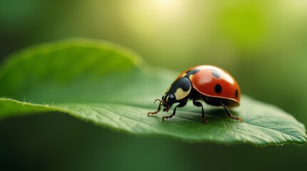Fototapeta premium A realistic depiction of a ladybug crawling on a leaf, captured in a natural setting with soft sunlight filtering through the trees. 