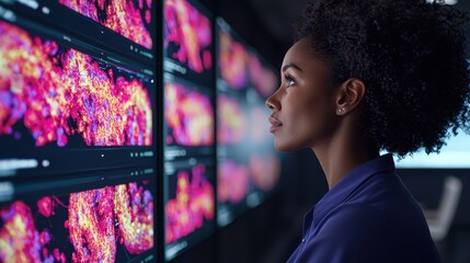 A focused woman observes vibrant, abstract digital displays in a high-tech environment, showcasing complex visual data and colors.