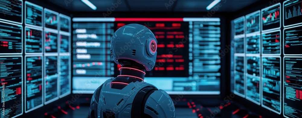 Poster a futuristic humanoid robot observes data displays in a high-tech control room, illuminated by vibra