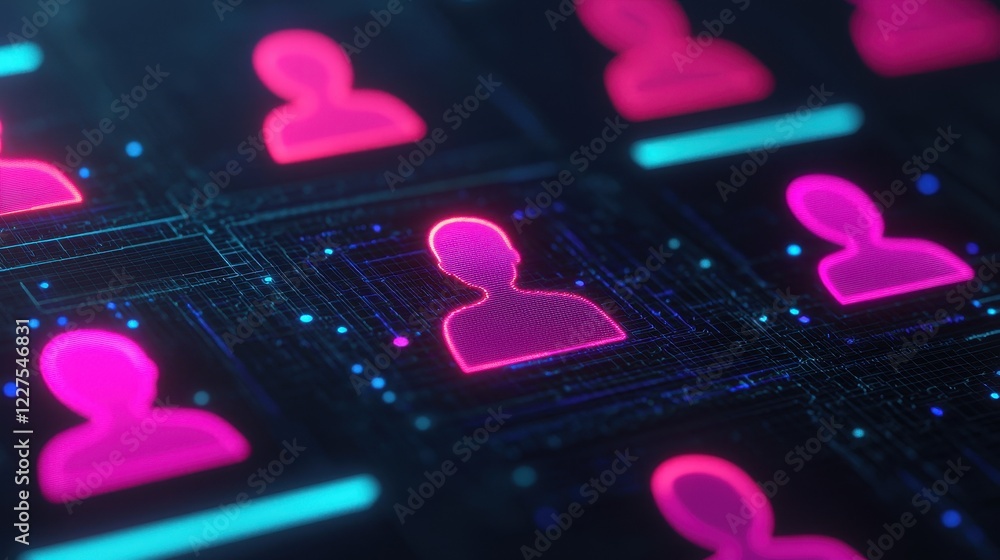 Poster a digital representation of user profiles highlighted in vibrant colors, symbolizing online interact
