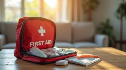 A realistic photograph of a first aid kit placed in a home setting, with the kit partially open to reveal its contents. 